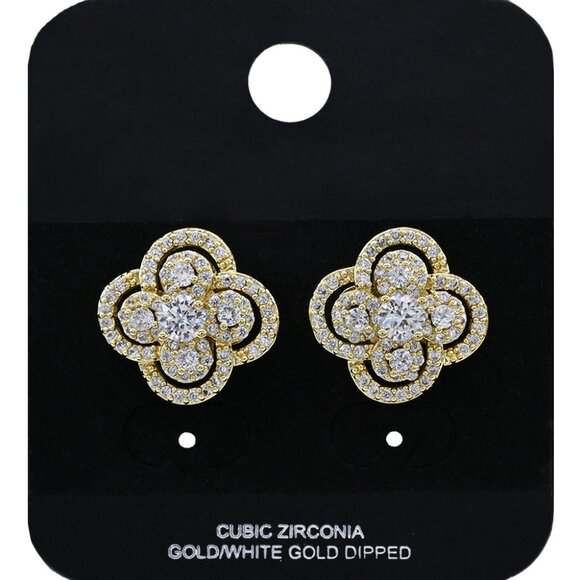 Gold Dipped Floral CZ Stone Stud Earrings - Picture 1 of 4